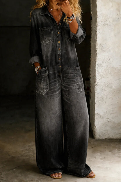 Women's Denim Street-Style Wide Straight-Leg Jumpsuit