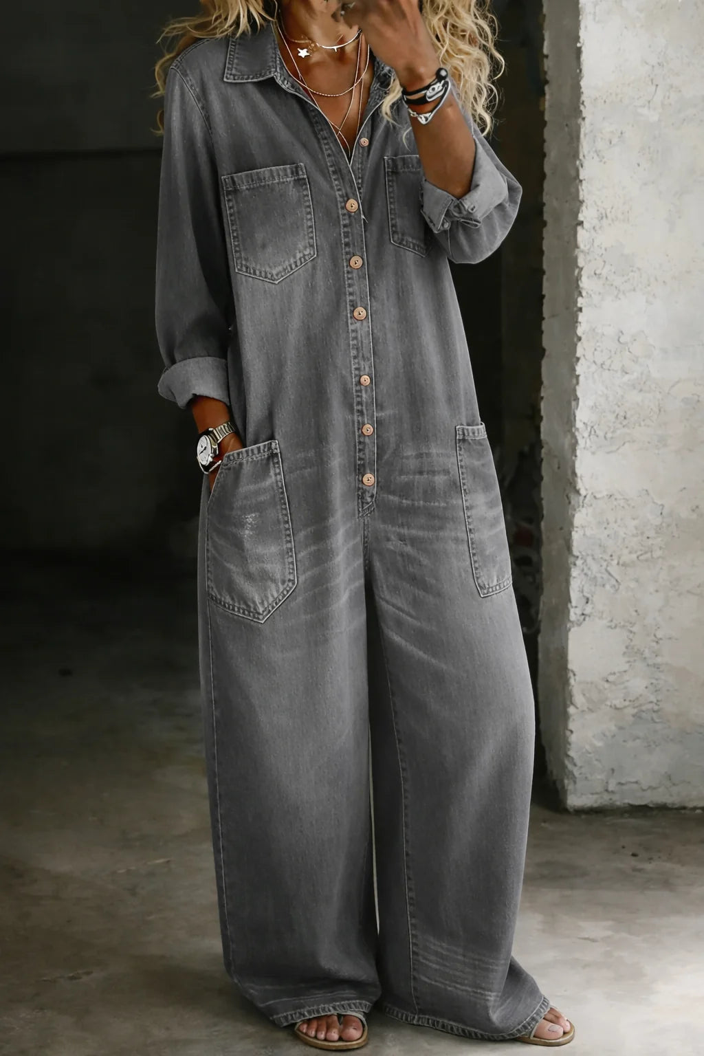 Women's Denim Street-Style Wide Straight-Leg Jumpsuit