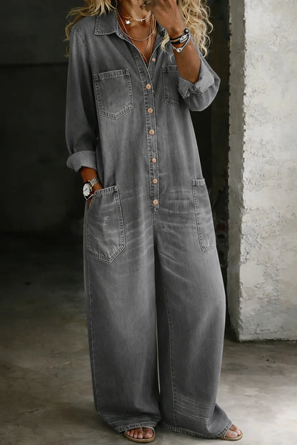 Women's Denim Street-Style Wide Straight-Leg Jumpsuit
