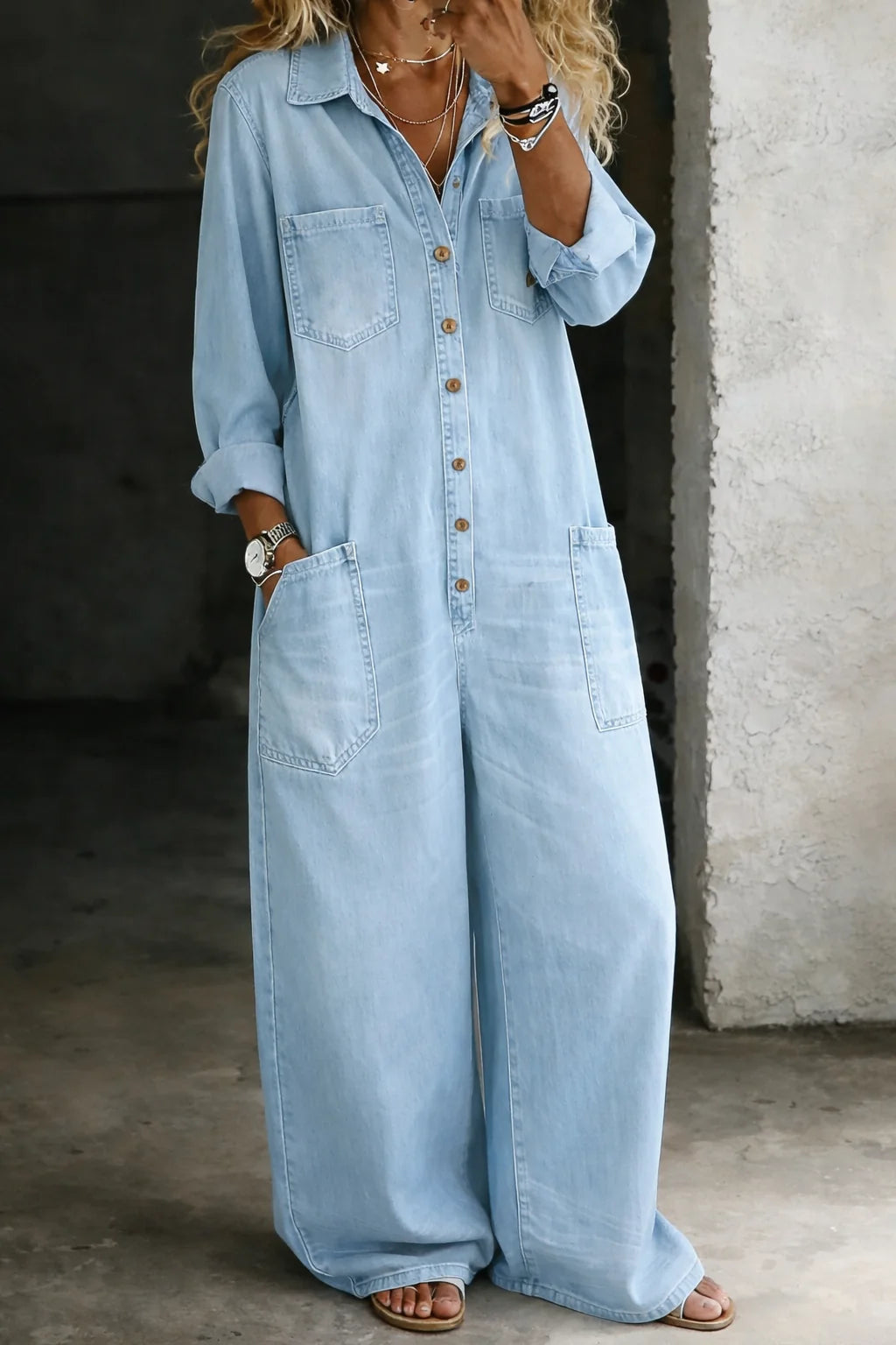 Women's Denim Street-Style Wide Straight-Leg Jumpsuit