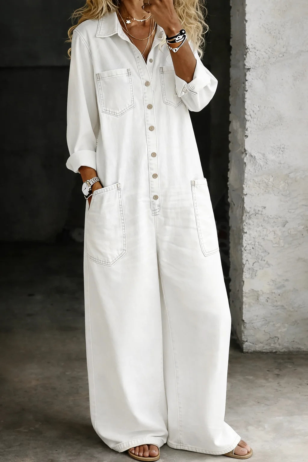 Women's Denim Street-Style Wide Straight-Leg Jumpsuit
