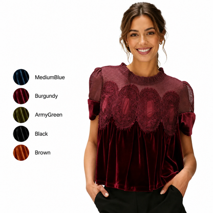 Velvet & Sheer Lace Short Sleeve Top for Women – Flowy Crewneck Swing Blouse