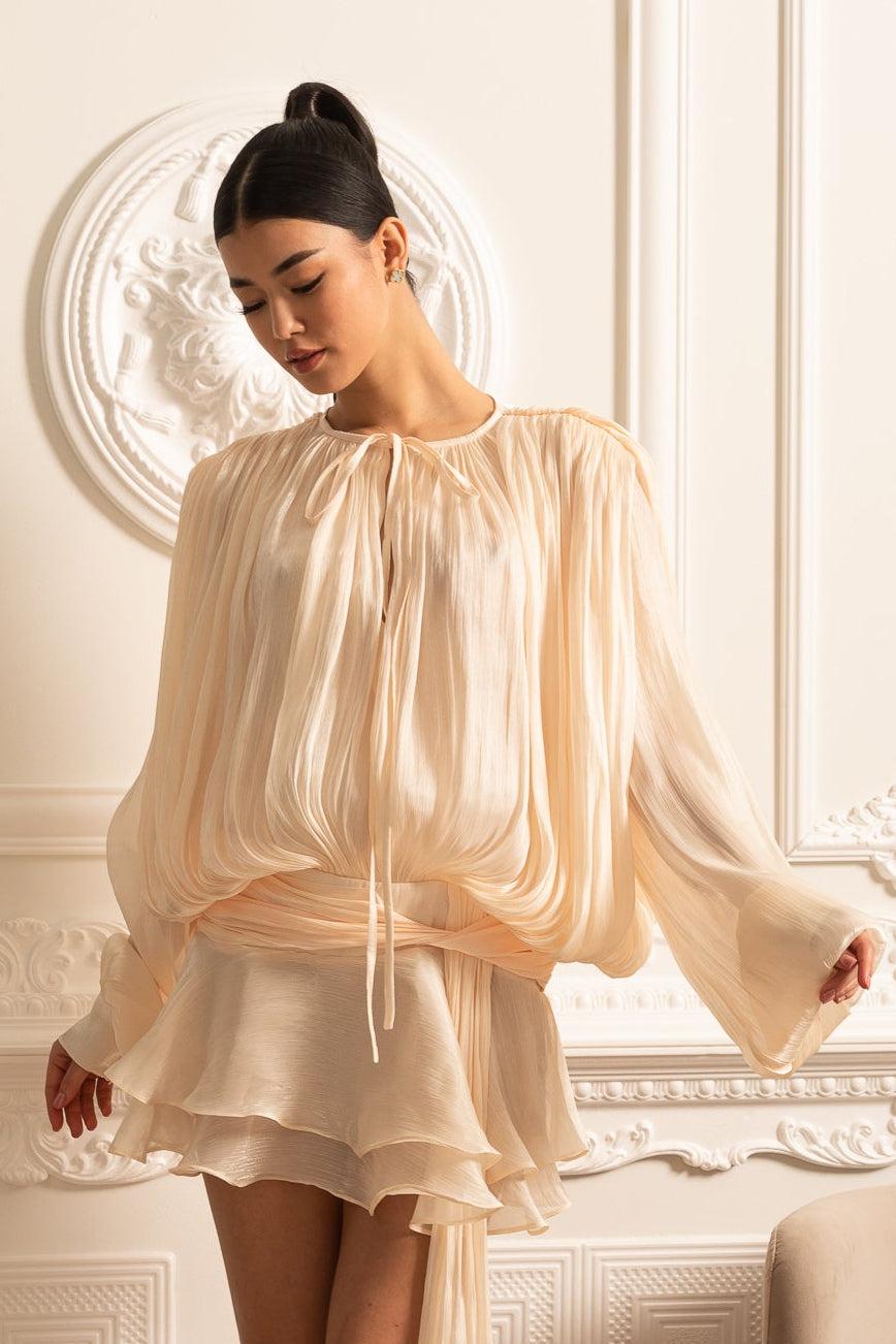 Draped Long-Sleeved Dress with Mini Skirt And Ruched Waistband - Ivoire