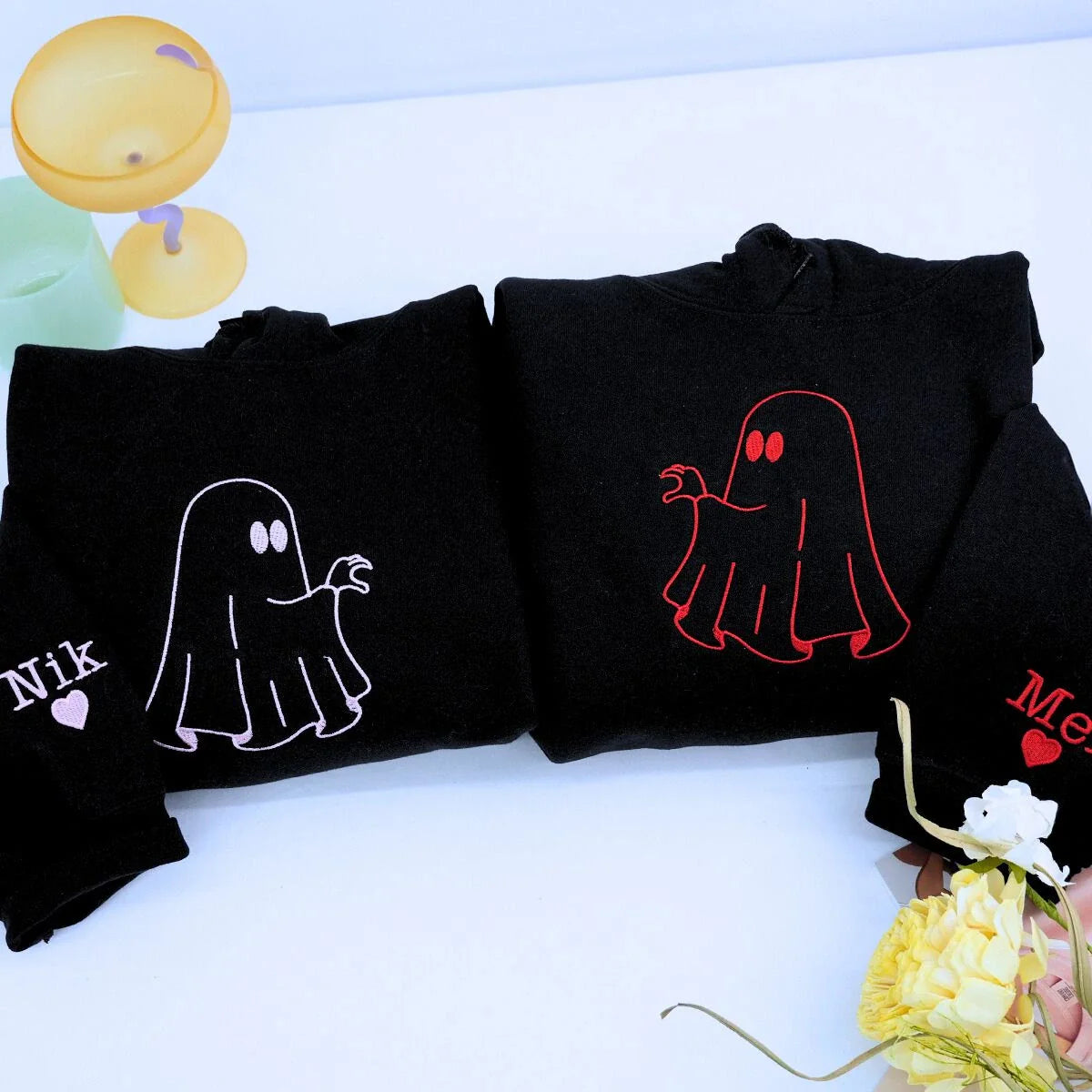 Personalized Ghost Heart Hands T-Shirt, Sweatshirt, Hoodie, Embroidered Couple Gift for Halloween