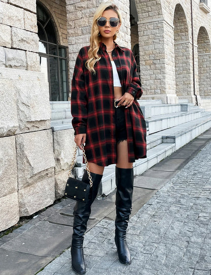 Women's Plaid Flannel Shacket — Button-Down Collared Long Jacket