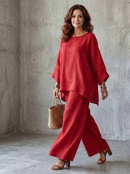 Women’s Linen Blend Crew Neck Shirt and Wide Leg Pants Set in Multiple Colors