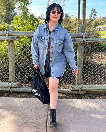 Washed Denim Shirt Jacket — Oversized Frayed-Hem Denim Overshirt