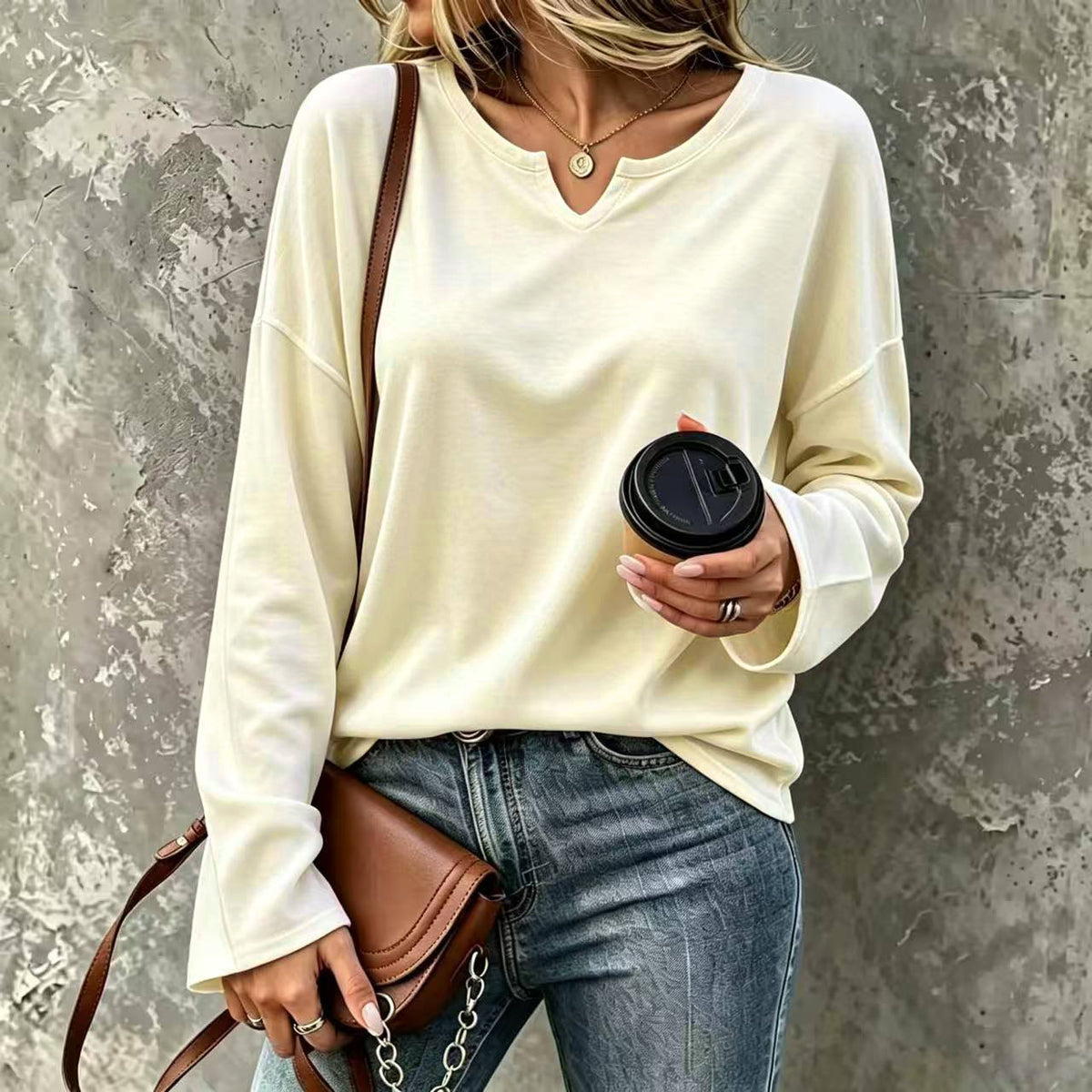Women's V-Neck Pullover Sweatshirt – Loose Drop Shoulder Long Sleeve Basic Top