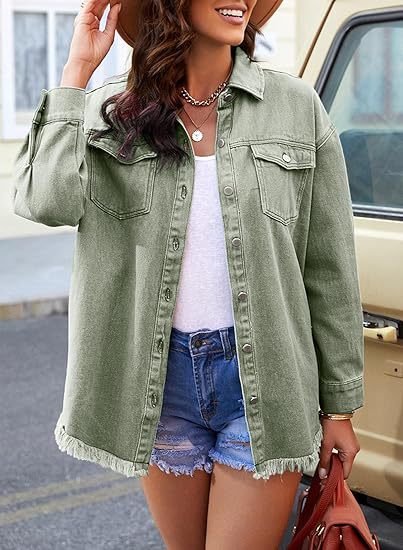 Washed Denim Shirt Jacket — Oversized Frayed-Hem Denim Overshirt