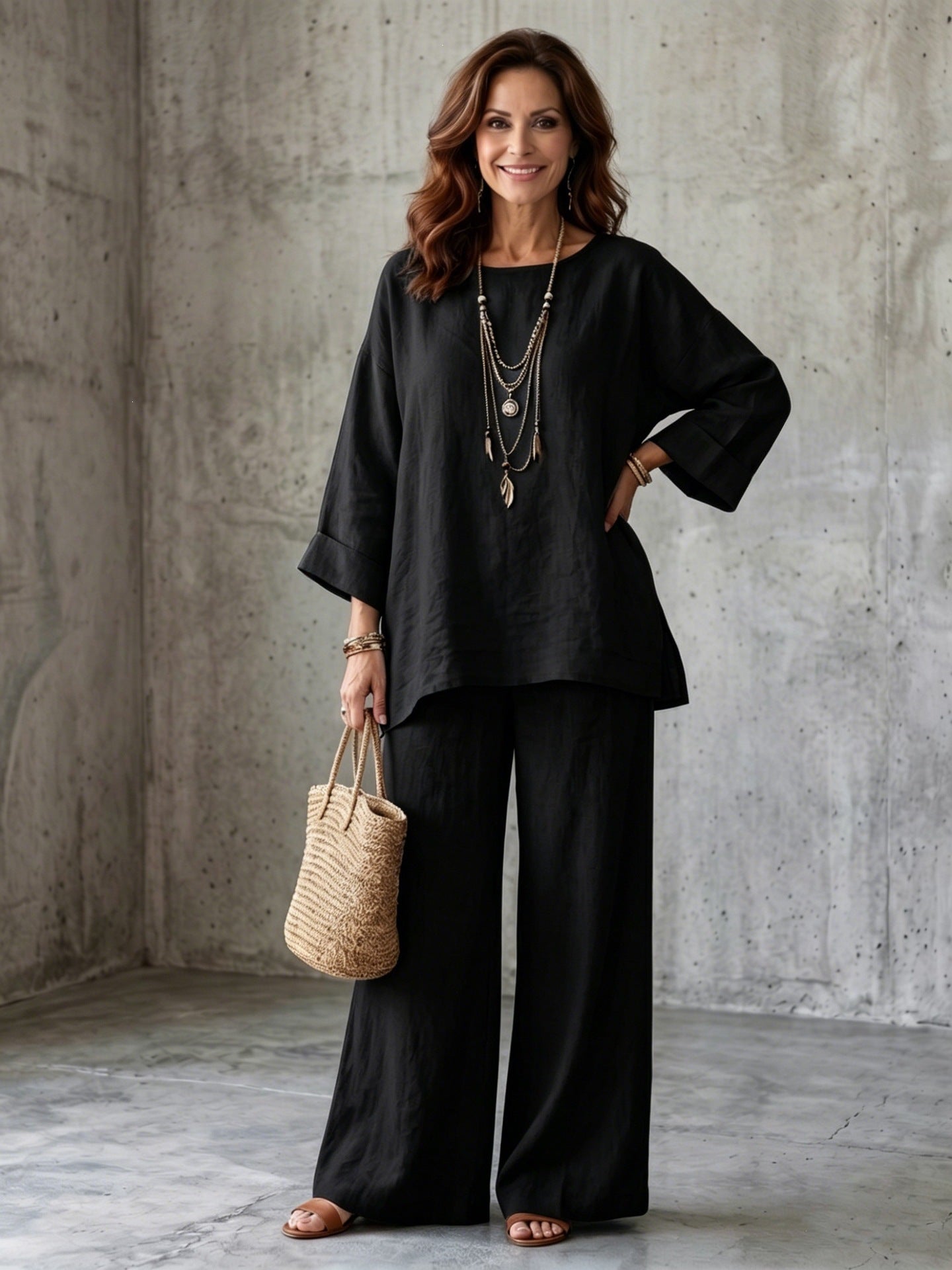 Women’s Linen Blend Crew Neck Shirt and Wide Leg Pants Set in Multiple Colors