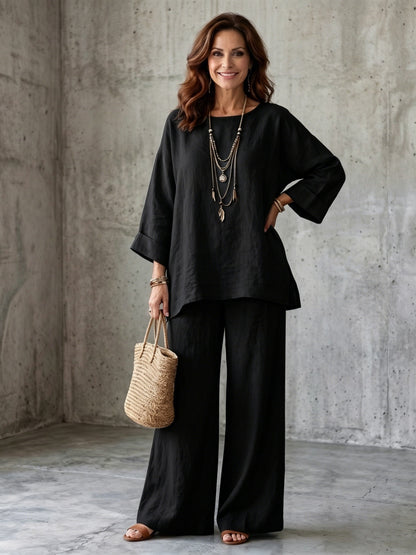 Women’s Linen Blend Crew Neck Shirt and Wide Leg Pants Set in Multiple Colors