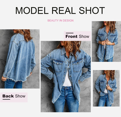 Washed Denim Shirt Jacket — Oversized Frayed-Hem Denim Overshirt