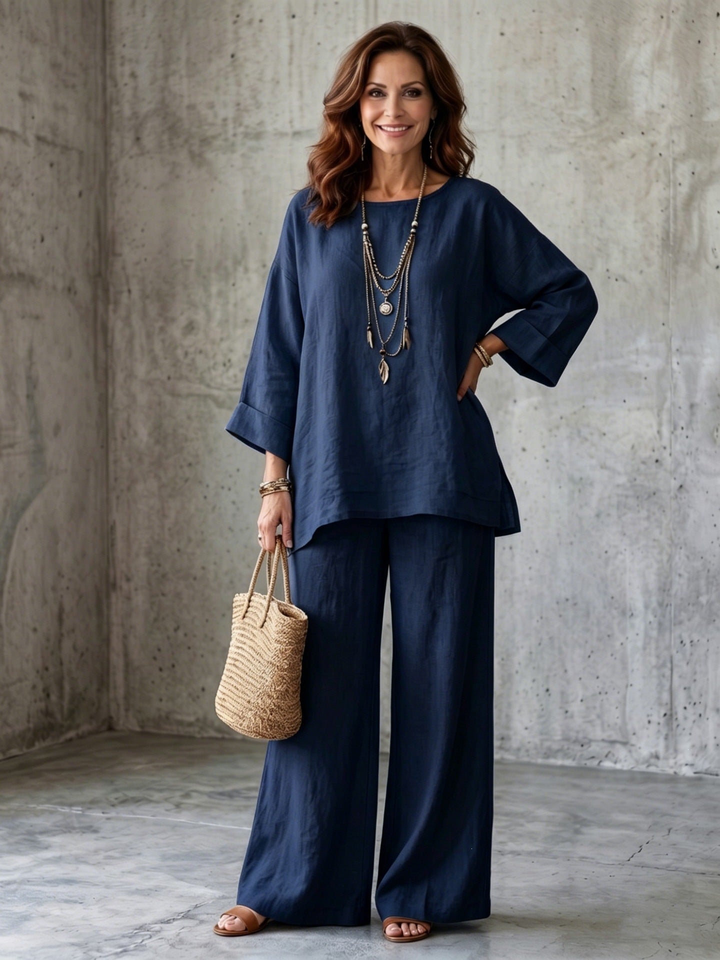 Women’s Linen Blend Crew Neck Shirt and Wide Leg Pants Set in Multiple Colors