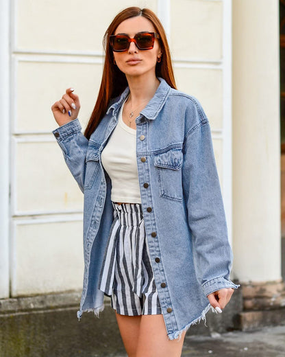 Washed Denim Shirt Jacket — Oversized Frayed-Hem Denim Overshirt