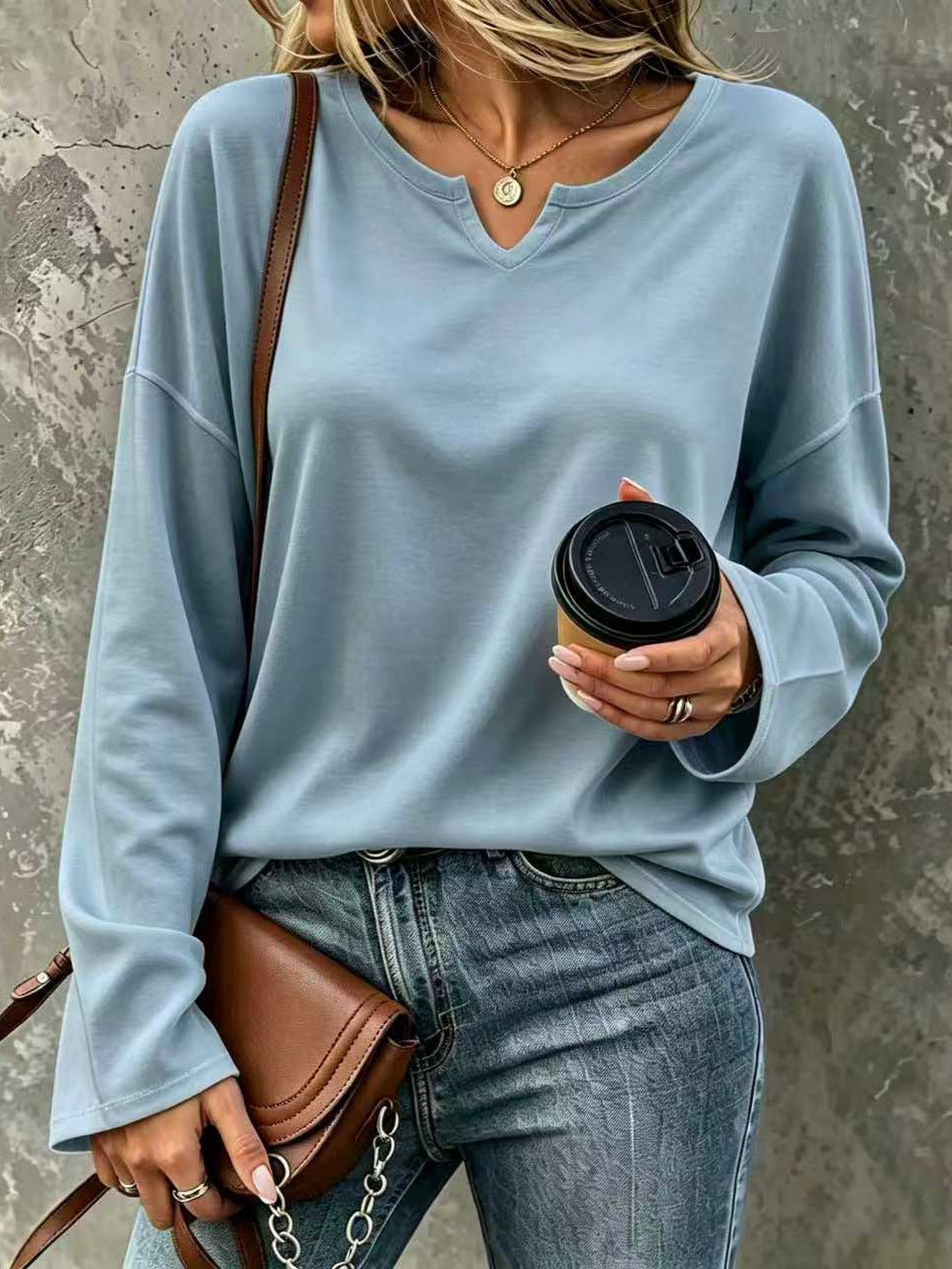 Women's V-Neck Pullover Sweatshirt – Loose Drop Shoulder Long Sleeve Basic Top