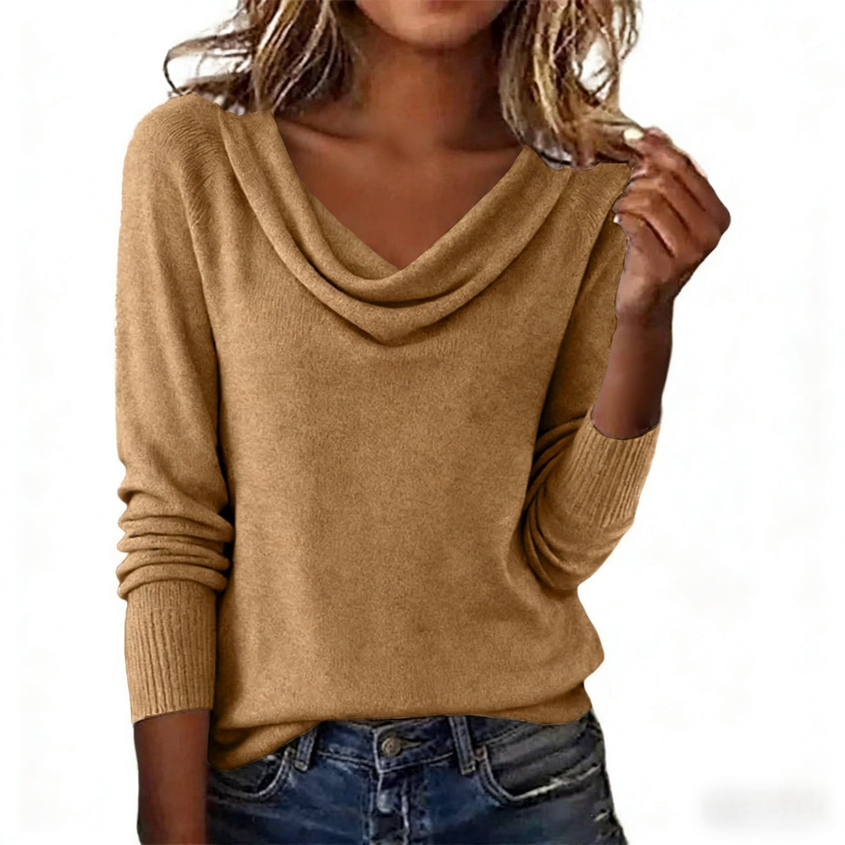 Women's Cowl Neck Long Sleeve Sweater – Lightweight Loose Knit Pullover Tunic Top