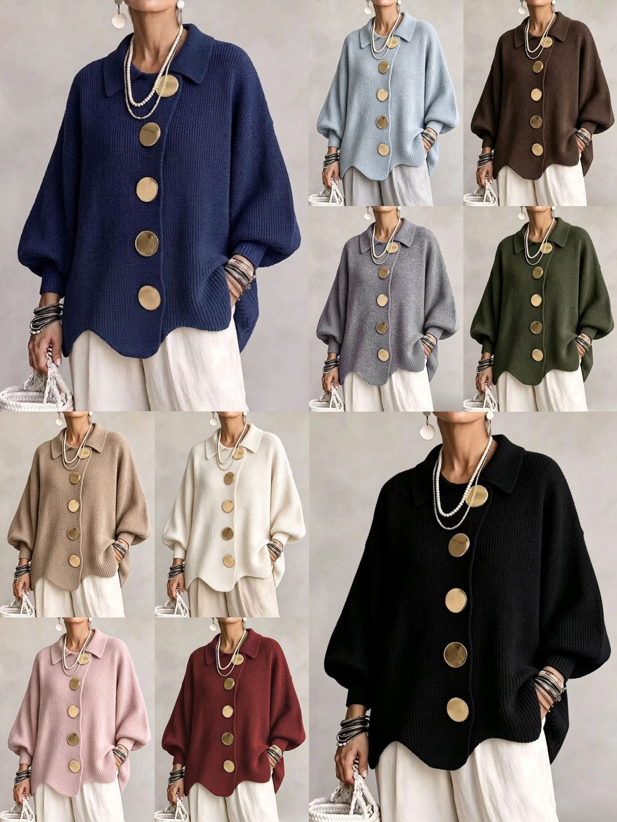 Women's French Lapel Knit Cardigan – Loose Sweater Coat with Big Metal Buttons & Lantern Sleeves