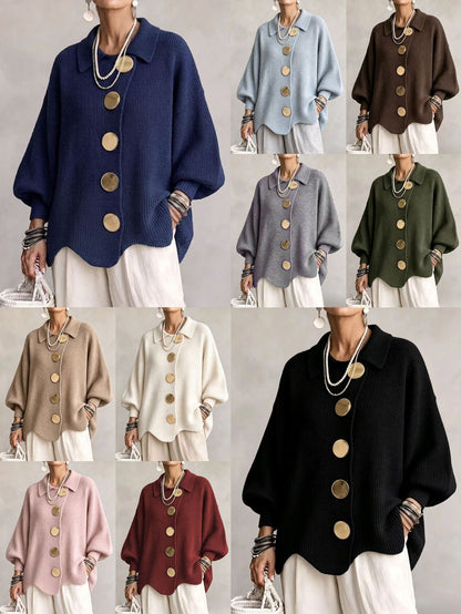 Women's French Lapel Knit Cardigan – Loose Sweater Coat with Big Metal Buttons & Lantern Sleeves