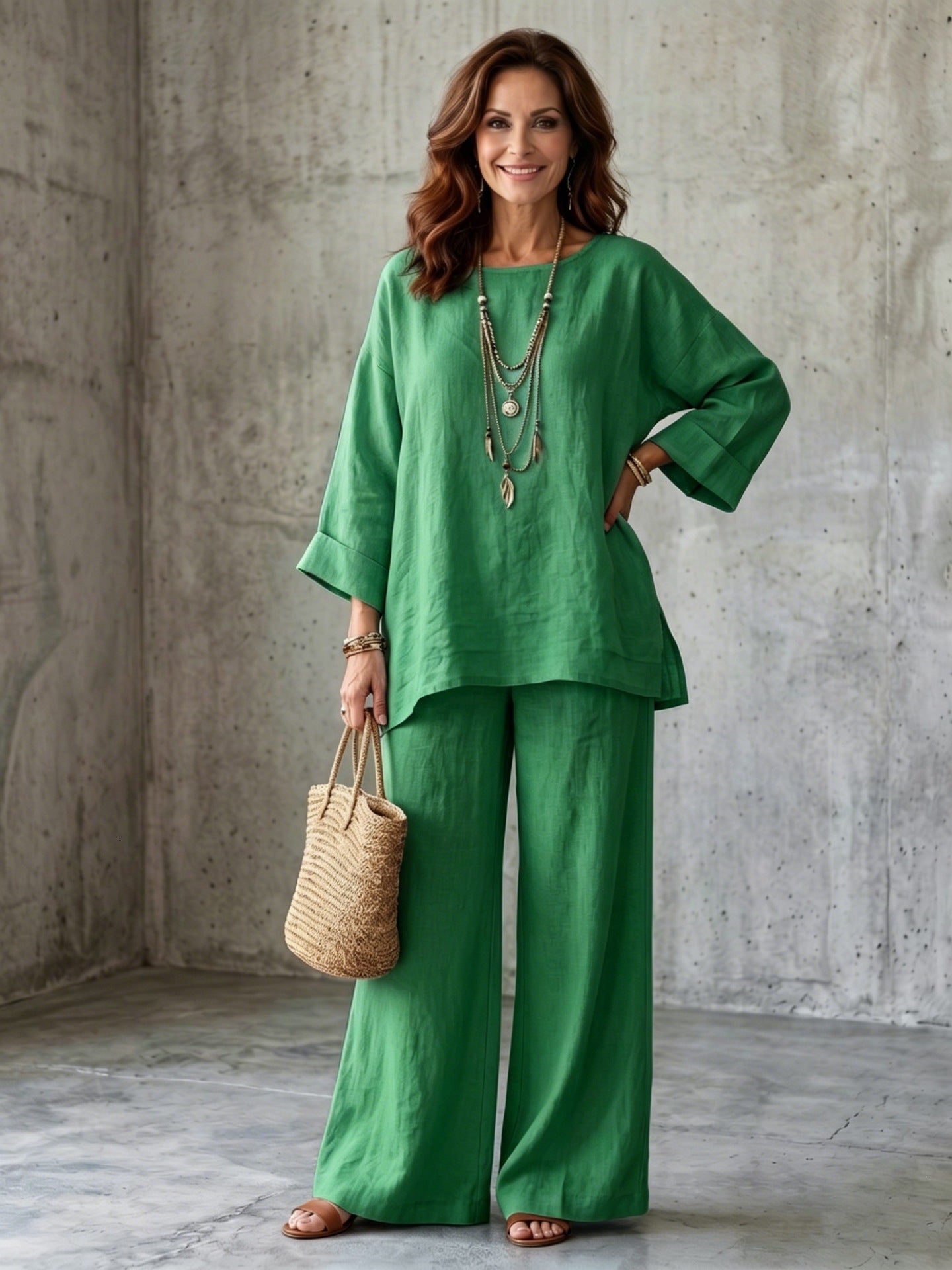 Women’s Linen Blend Crew Neck Shirt and Wide Leg Pants Set in Multiple Colors