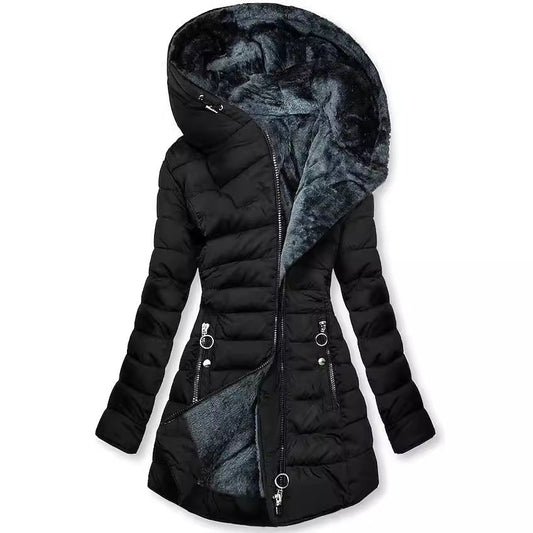 Women's Plush-Lined Long Puffer Coat with Hood – Warm Quilted Winter Parka with Zip Pockets, Hip-Covering Longline Outerwear