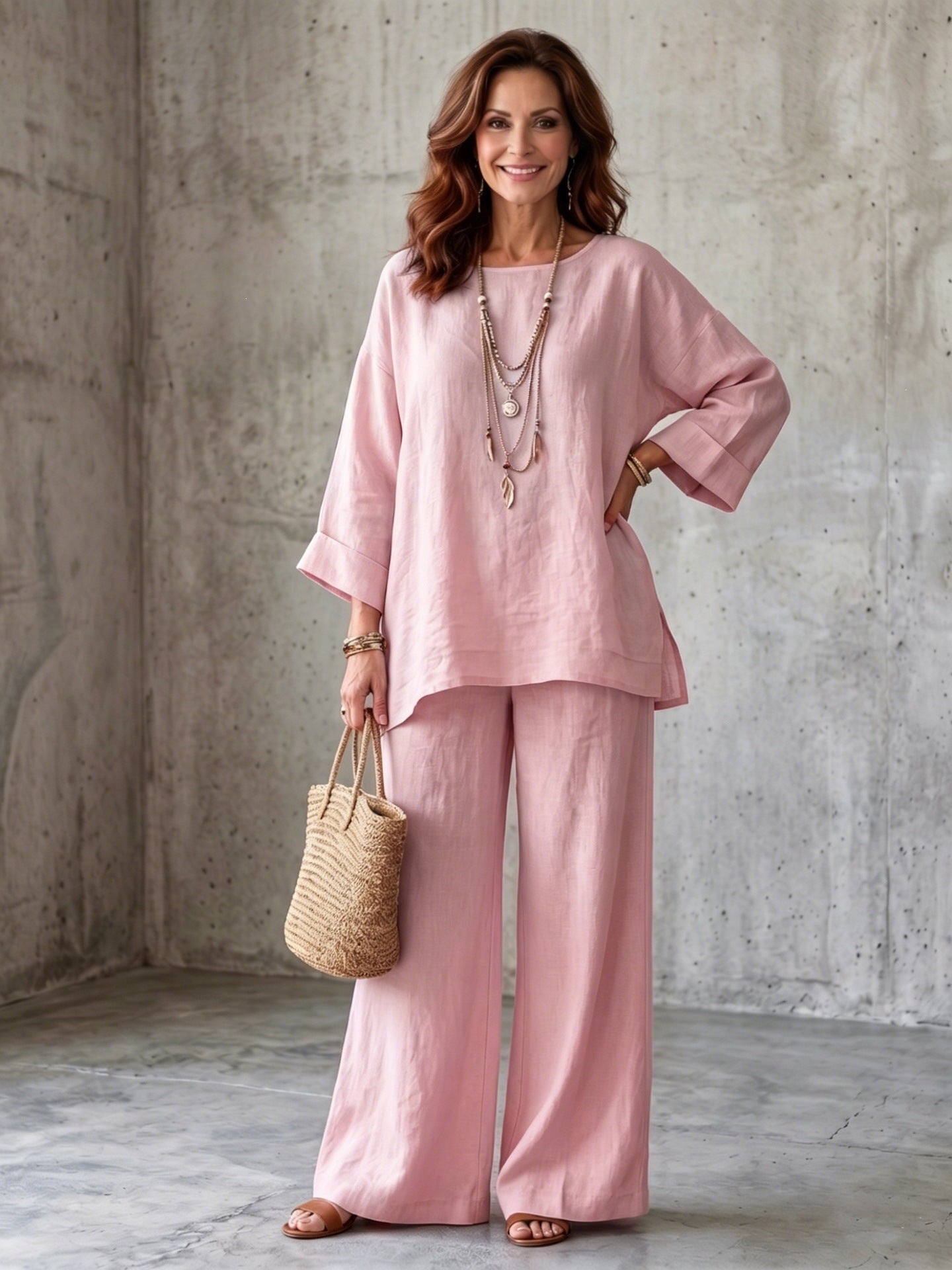 Women’s Linen Blend Crew Neck Shirt and Wide Leg Pants Set in Multiple Colors