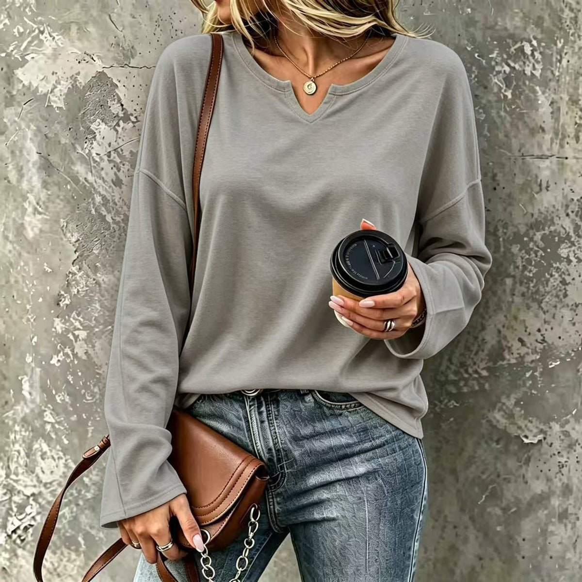 Women's V-Neck Pullover Sweatshirt – Loose Drop Shoulder Long Sleeve Basic Top