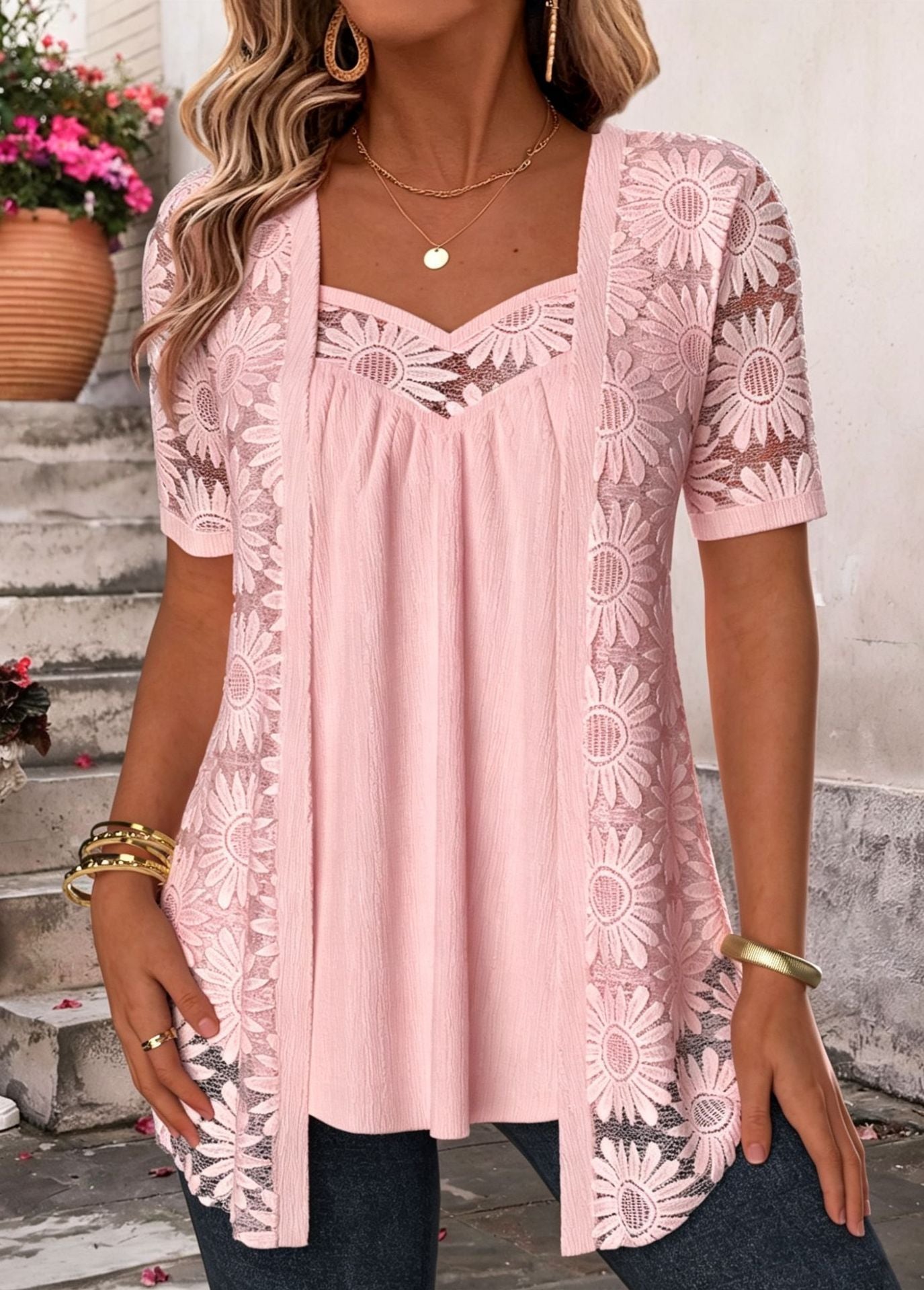 Women's Floral Lace Layered Tunic Top