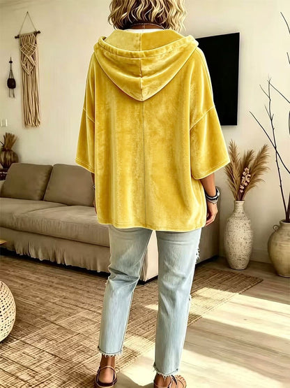 Women’s Minimalist Velour Hoodie, Loose Fit 3/4 Sleeves Hood