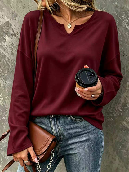 Women's V-Neck Pullover Sweatshirt – Loose Drop Shoulder Long Sleeve Basic Top