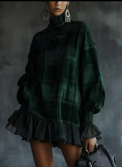 Plaid Ruffle Hem Mini Dress – High Neck with Mesh Accents