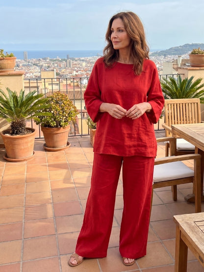 Women’s Linen Blend Crew Neck Shirt and Wide Leg Pants Set in Multiple Colors