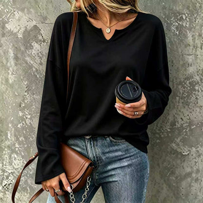 Women's V-Neck Pullover Sweatshirt – Loose Drop Shoulder Long Sleeve Basic Top