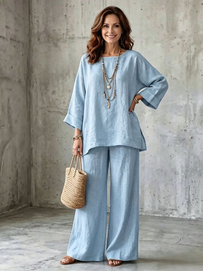 Women’s Linen Blend Crew Neck Shirt and Wide Leg Pants Set in Multiple Colors