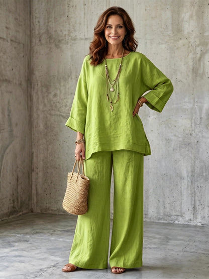 Women’s Linen Blend Crew Neck Shirt and Wide Leg Pants Set in Multiple Colors