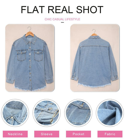 Washed Denim Shirt Jacket — Oversized Frayed-Hem Denim Overshirt