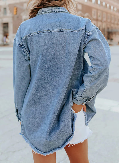 Washed Denim Shirt Jacket — Oversized Frayed-Hem Denim Overshirt