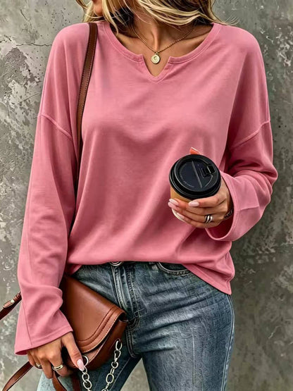 Women's V-Neck Pullover Sweatshirt – Loose Drop Shoulder Long Sleeve Basic Top