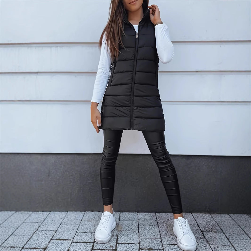 Women Long Puffer Vest Solid Color Sleeveless Hooded Winter Outwear