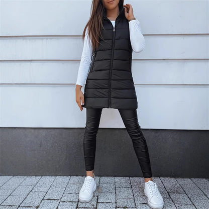 Women Long Puffer Vest Solid Color Sleeveless Hooded Winter Outwear
