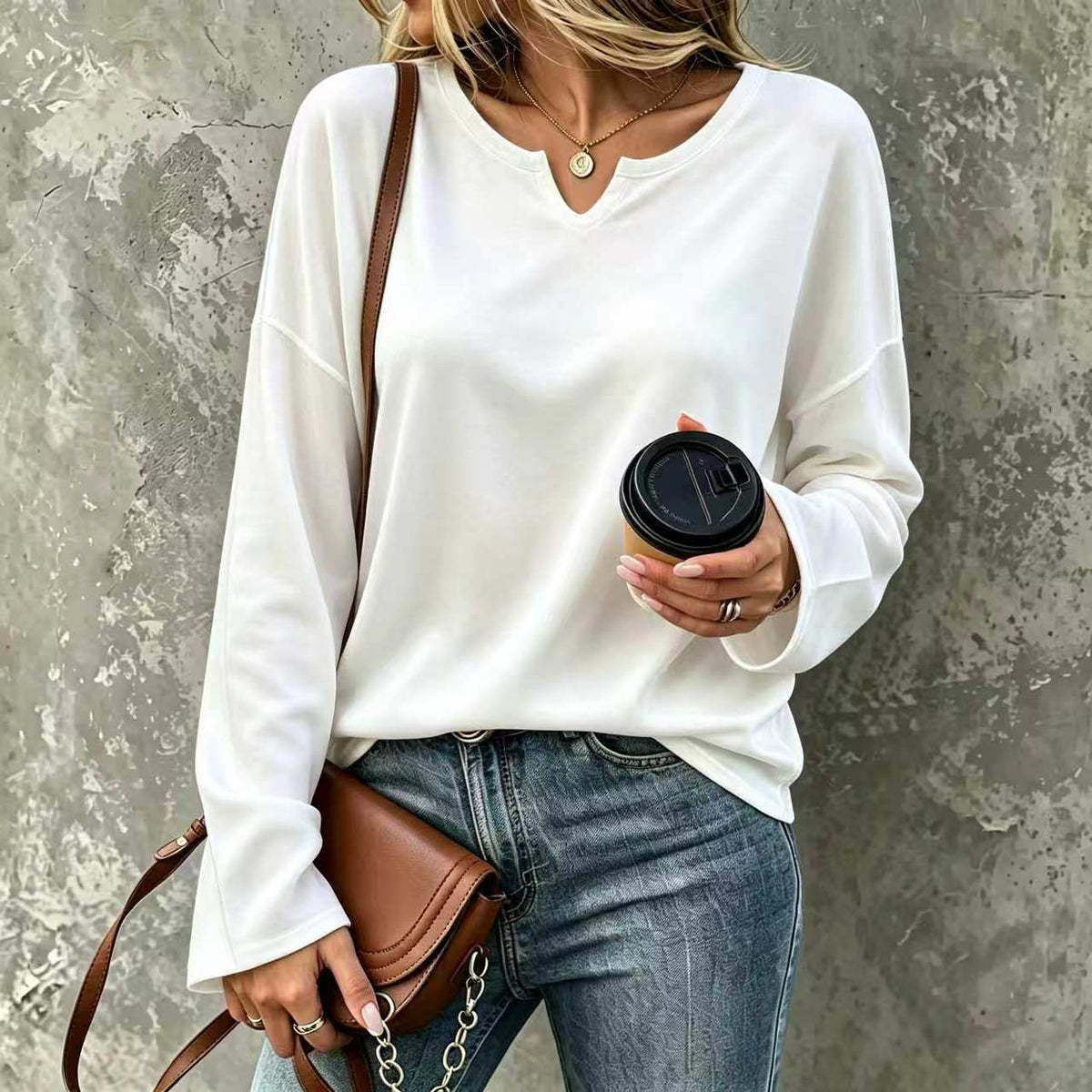 Women's V-Neck Pullover Sweatshirt – Loose Drop Shoulder Long Sleeve Basic Top