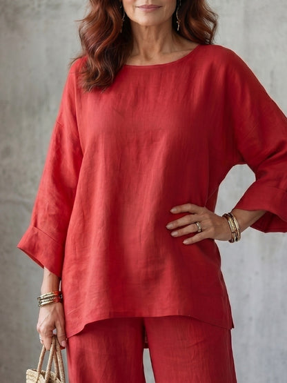 Women’s Linen Blend Crew Neck Shirt and Wide Leg Pants Set in Multiple Colors