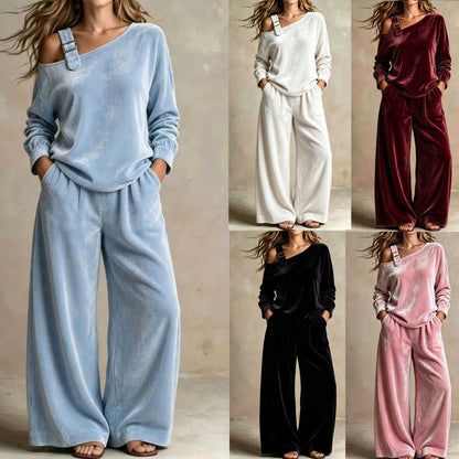 Women's Velvet One-Shoulder Top & Pants Two-Piece Set – Casual Fall Winter Lounge Outfit