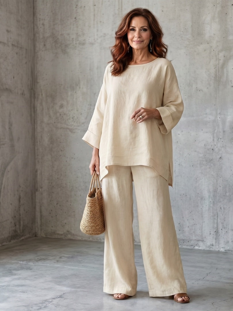Women’s Linen Blend Crew Neck Shirt and Wide Leg Pants Set in Multiple Colors