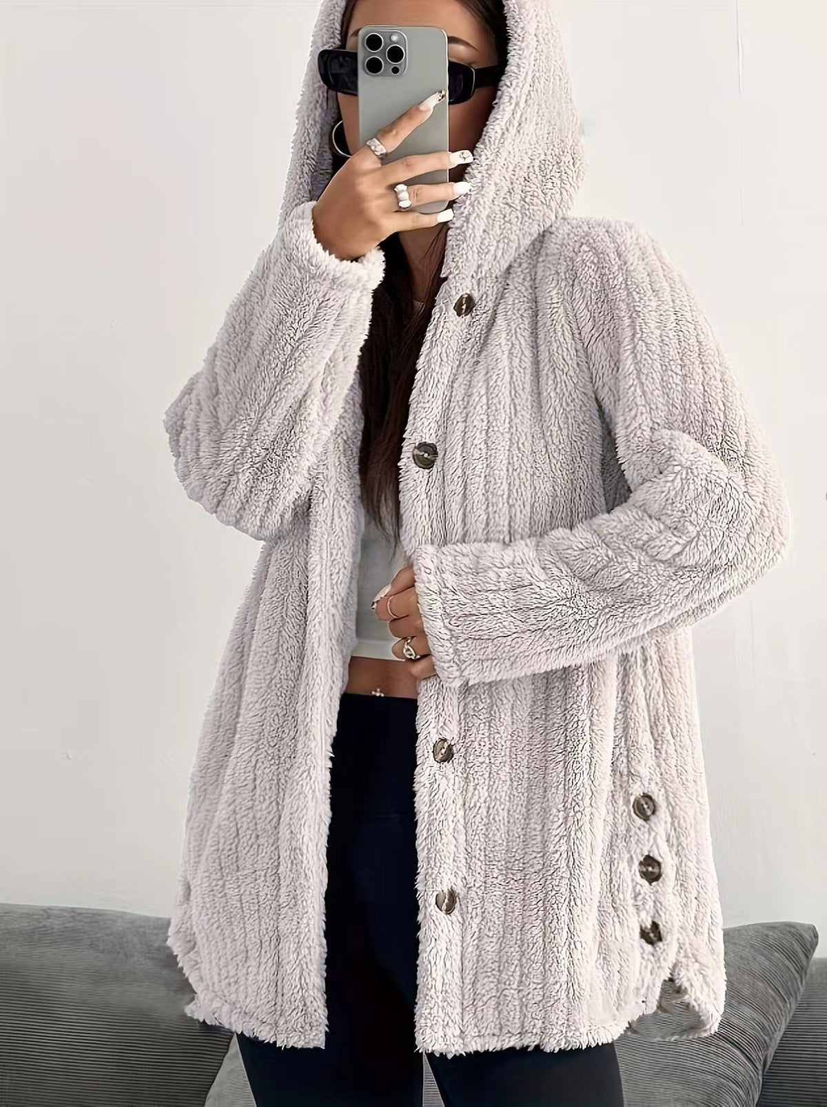Women's Hooded Teddy Fleece Cardigan Jacket – Mid-Length Plush Coat with Button Front & Side Slits, Relaxed Fit Fall/Winter Outerwear