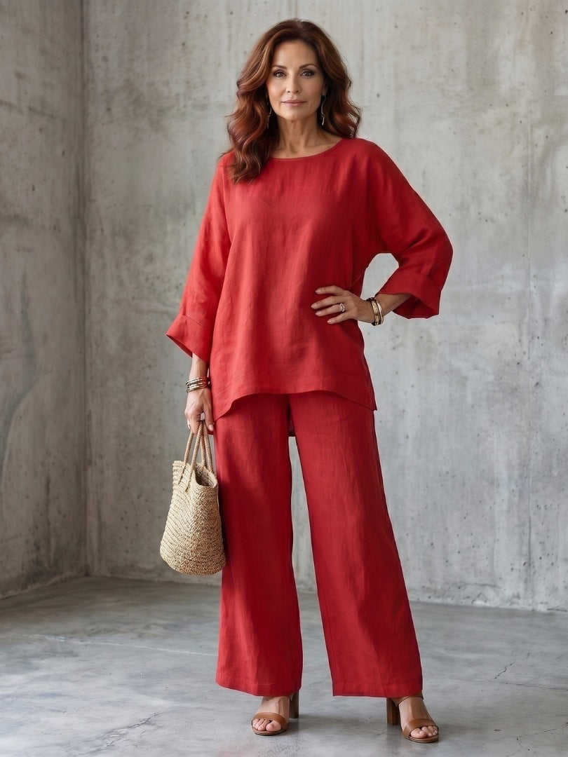 Women’s Linen Blend Crew Neck Shirt and Wide Leg Pants Set in Multiple Colors