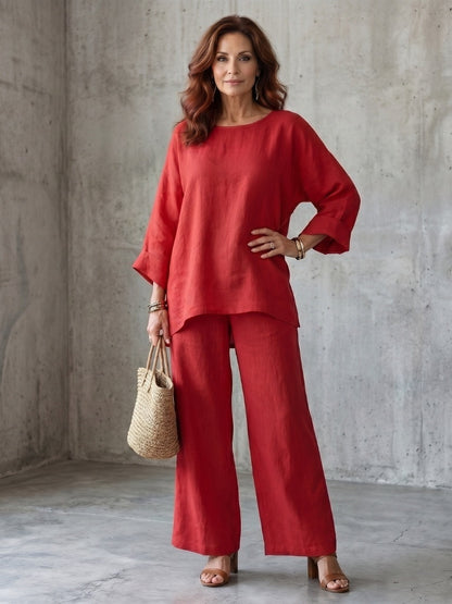 Women’s Linen Blend Crew Neck Shirt and Wide Leg Pants Set in Multiple Colors