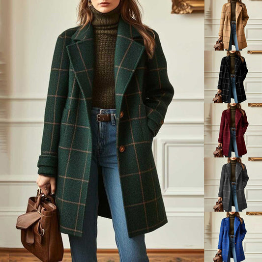 Women's Plaid Wool Blend Trench Coat – Windproof Notch Lapel Mid-Length Overcoat