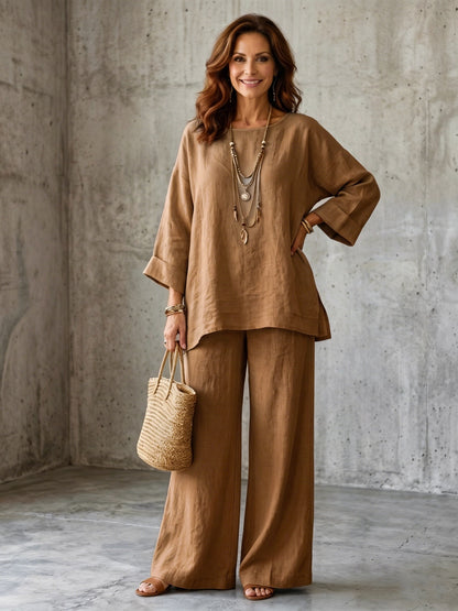 Women’s Linen Blend Crew Neck Shirt and Wide Leg Pants Set in Multiple Colors