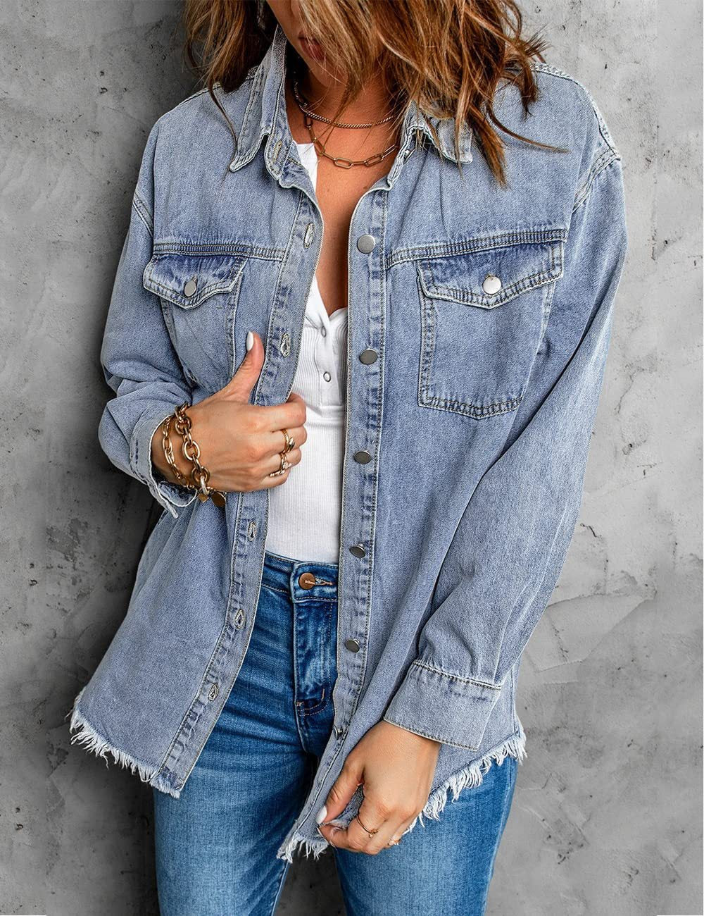 Washed Denim Shirt Jacket — Oversized Frayed-Hem Denim Overshirt