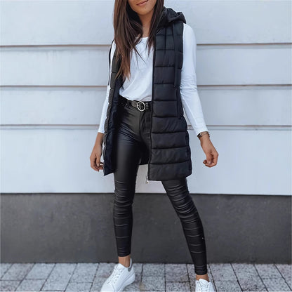 Women Long Puffer Vest Solid Color Sleeveless Hooded Winter Outwear